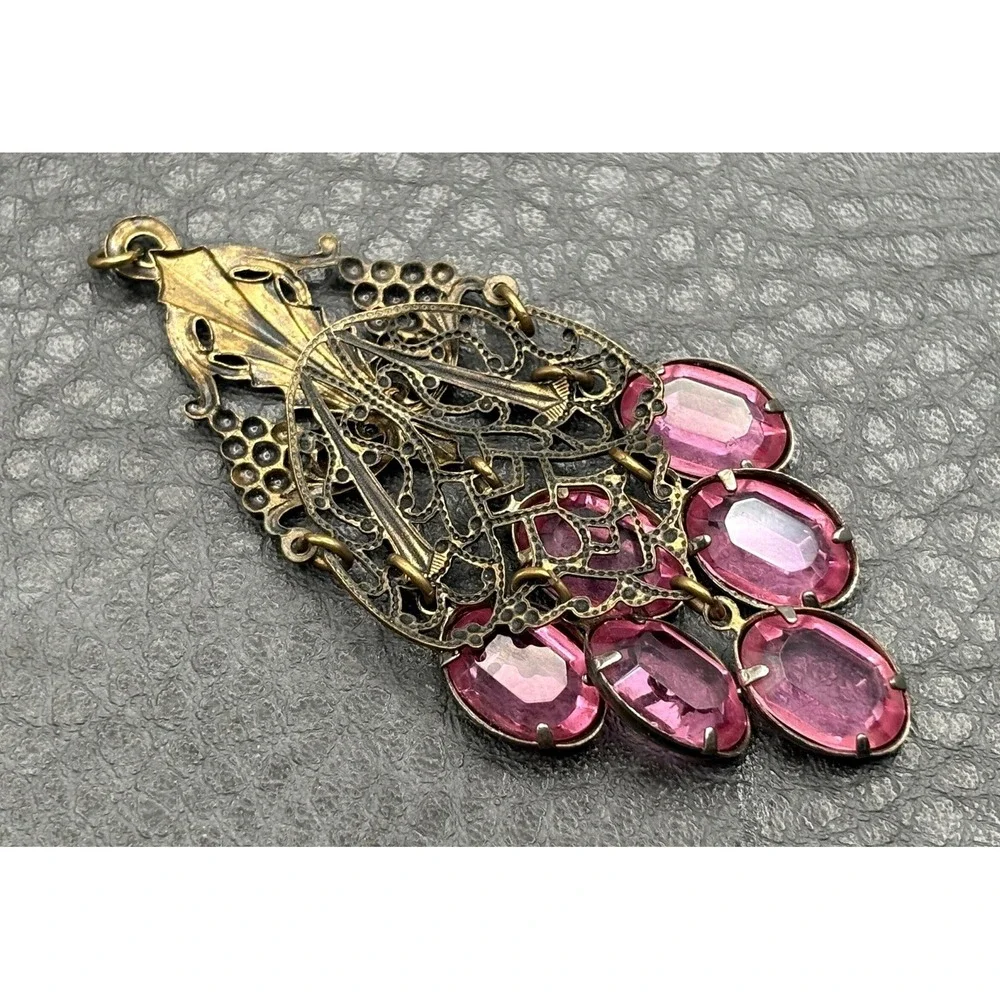 VTG Nouveau Revival Brass Tone Crystal Station Pendant Filigree Chandelier Style